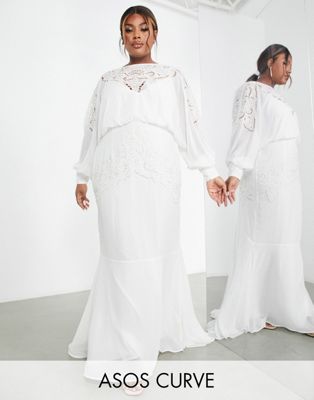 ASOS EDITION Curve Ella blouson sleeve beaded cutwork wedding dress in cream - ASOS Price Checker