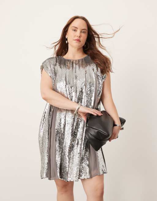 ASOS EDITION Curve embellished all over sequin pleat trapeze mini dress in grey