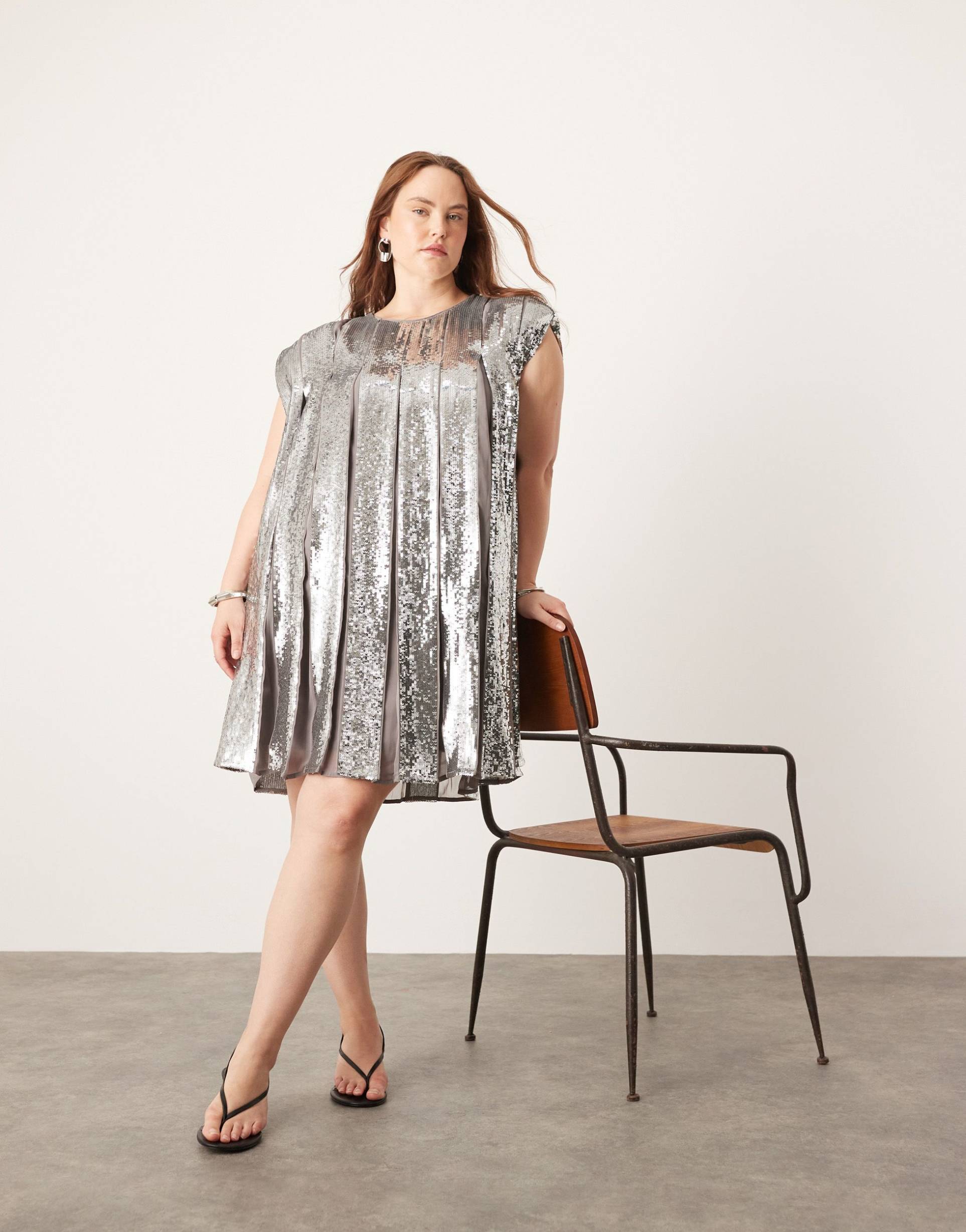 asos edition curve embellished allover sequin pleat trapeze mini dress in gray