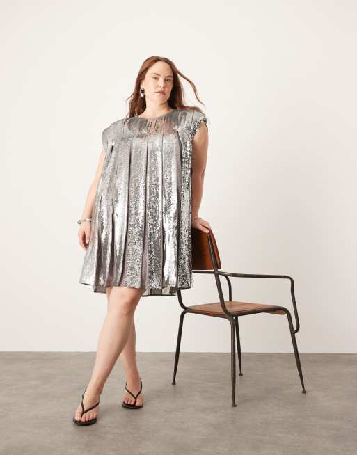 ASOS EDITION Curve embellished allover sequin pleat trapeze mini dress in grey