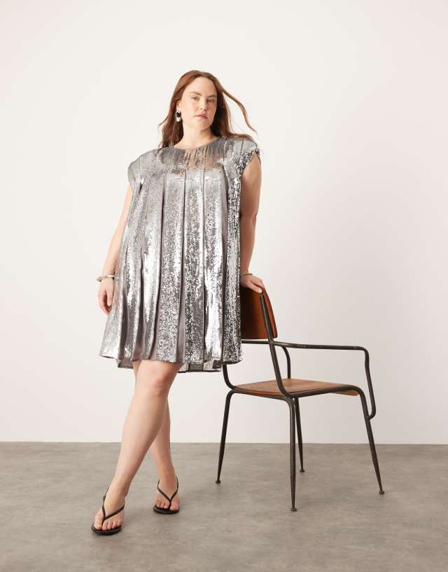 ASOS EDITION - curve embellished allover sequin pleat trapeze mini dress in grey