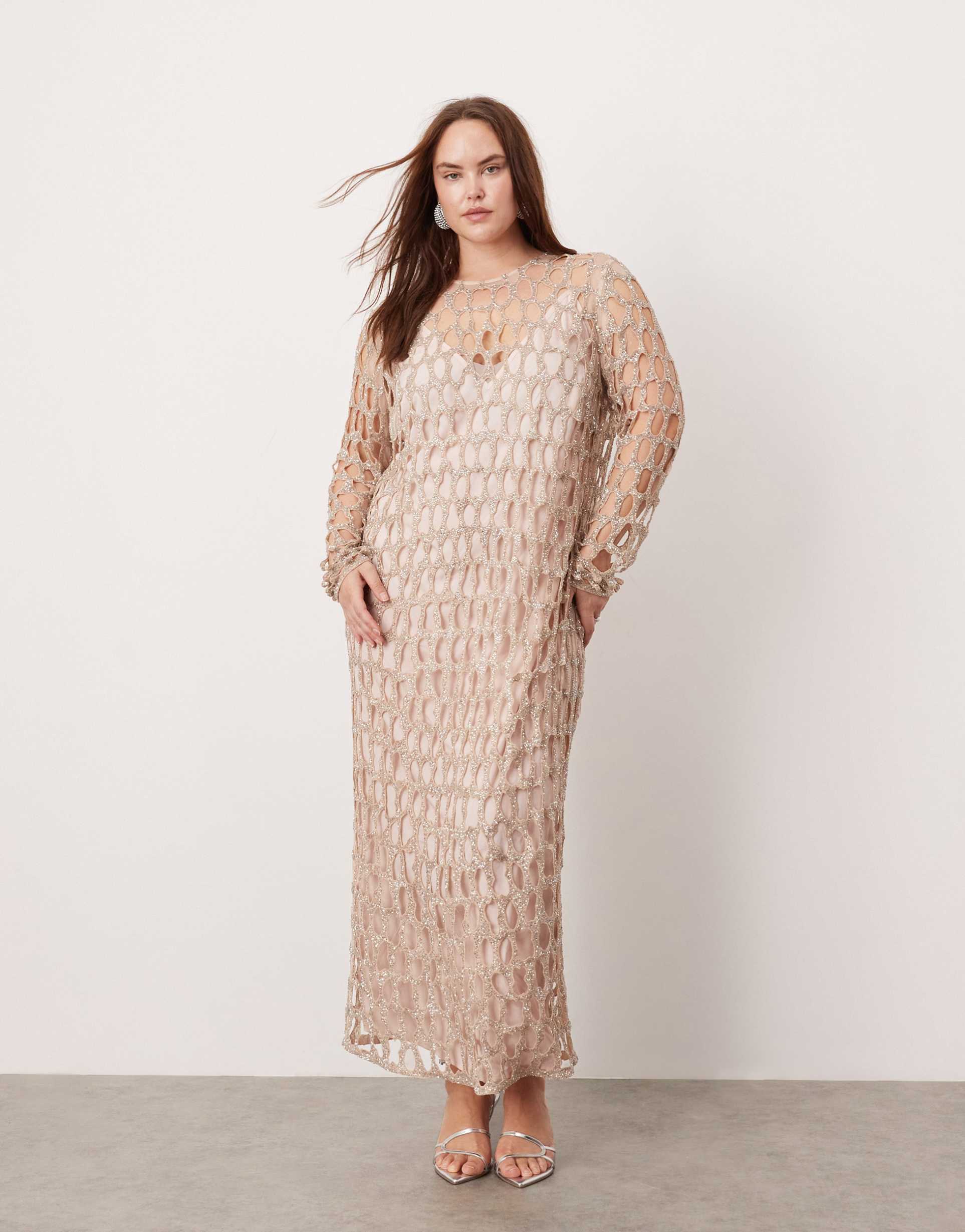 asos edition curve embellished circle cut work midaxi dress in silver