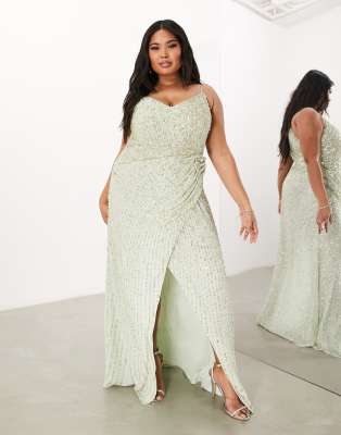 ASOS DESIGN ASOS DESIGN BRIDESMAID CURVE EMBELLISHED DRAPE SIDE CAMI MAXI DRESS IN SAGE GREEN