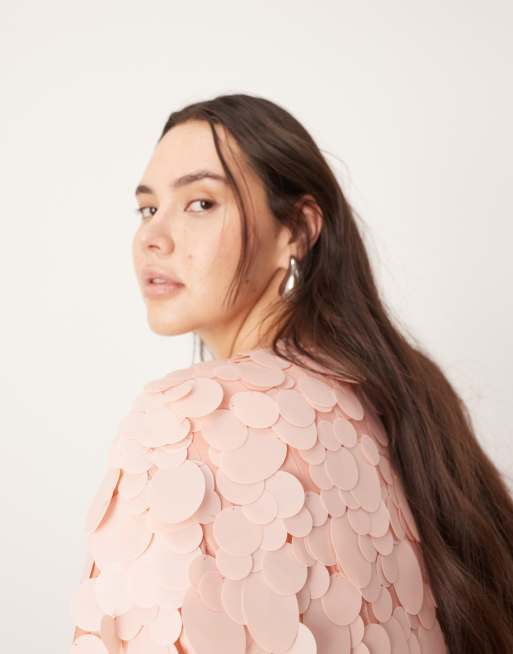 ASOS EDITION Curve embellished matte disc sequin t-shirt mini dress in light pink, 3 of 4