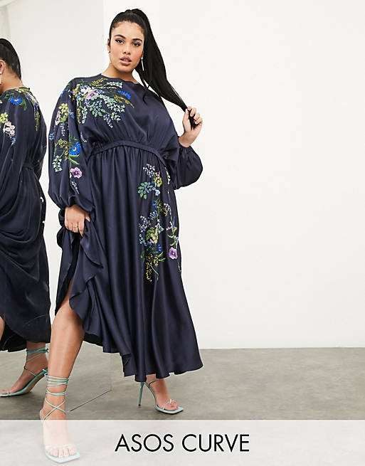  Curve embroidered and beaded midi dress in navy 
