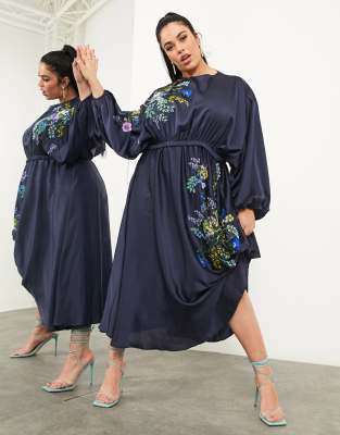 ASOS EDITION Curve embroidered and beaded midi dress in navy | ASOS