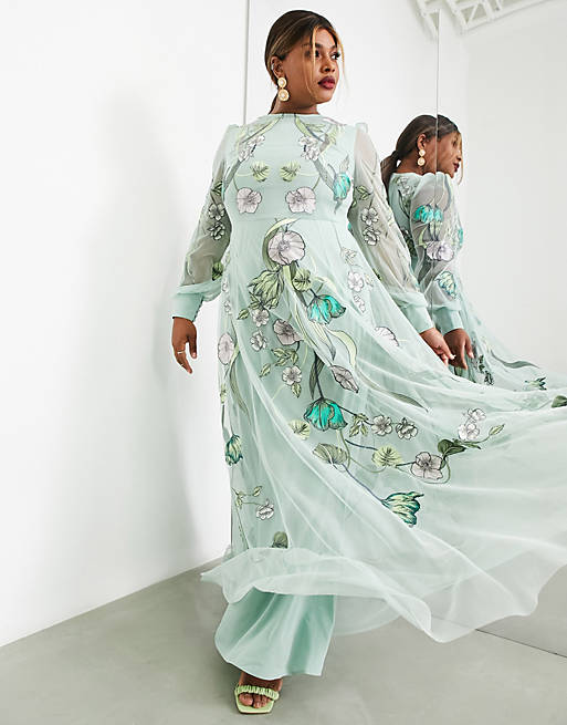 ASOS EDITION Curve embroidered floral nouveau placement maxi dress in green  | ASOS