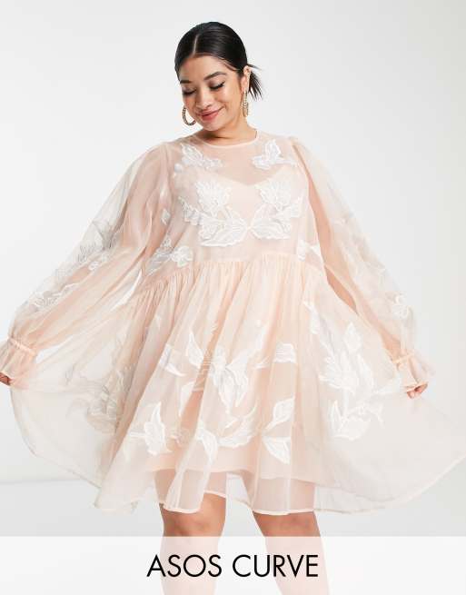 ASOS EDITION Curve embroidered organza mini smock dress in pink | ASOS