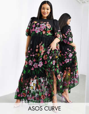 Asos Design Curve Embroidered Trapeze Maxi Dress With Puff Sleeve In Black multi ModeSens