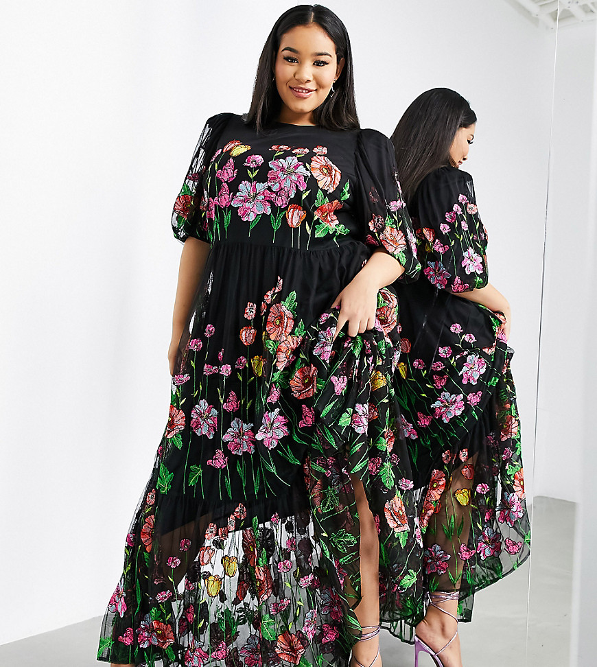 ASOS EDITION Curve embroidered trapeze maxi dress with puff sleeve in black-Multi