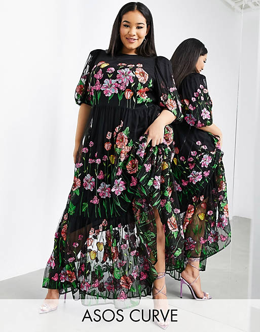 ASOS EDITION Curve embroidered trapeze maxi dress with puff sleeve in black