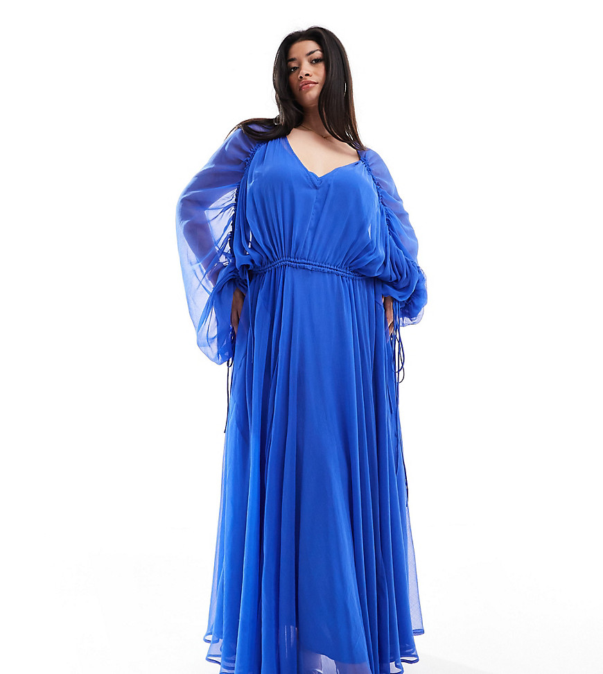 ASOS EDITION Curve extreme chiffon gathered waist maxi dress in cobalt blue-Black