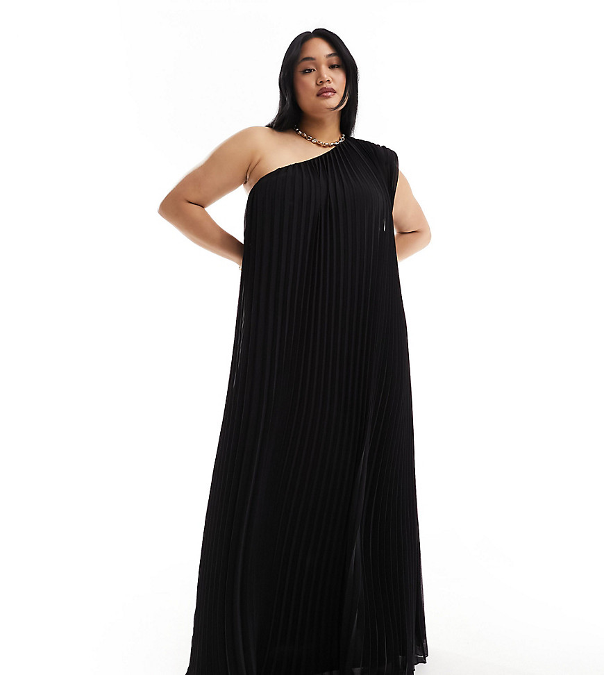 Curve extreme pleated one shoulder maxi dress in black