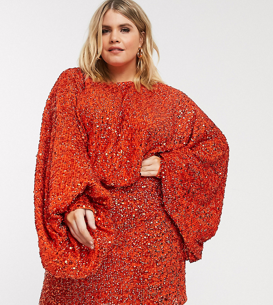 ASOS EDITION Curve extreme sleeve sequin mini dress-Red