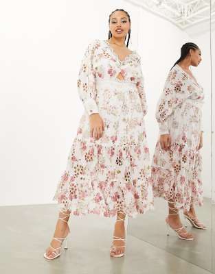 Curve eyelet twist front midi dress with puff sleeve in floral print-Multi