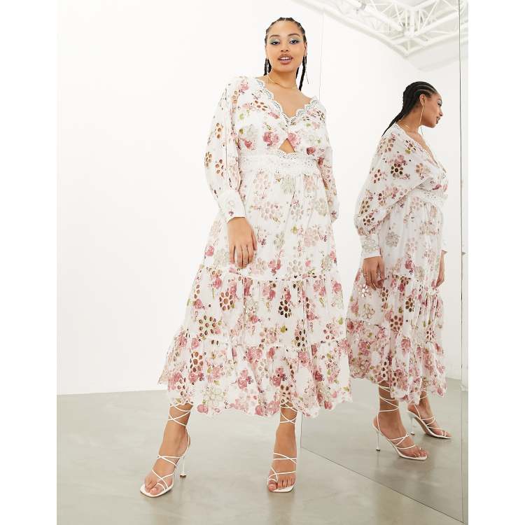 ASOS EDITION Curve eyelet twist front midi dress with puff sleeve in floral  print