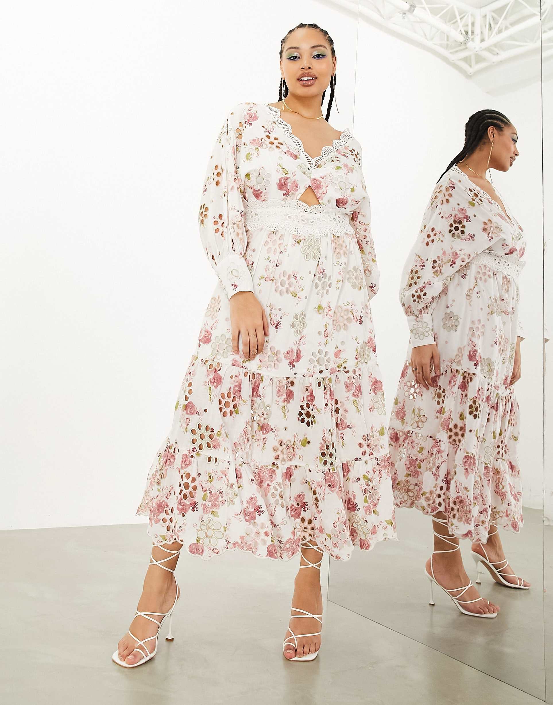 asos edition curve eyelet twist front midi dress with puff sleeve in floral print
