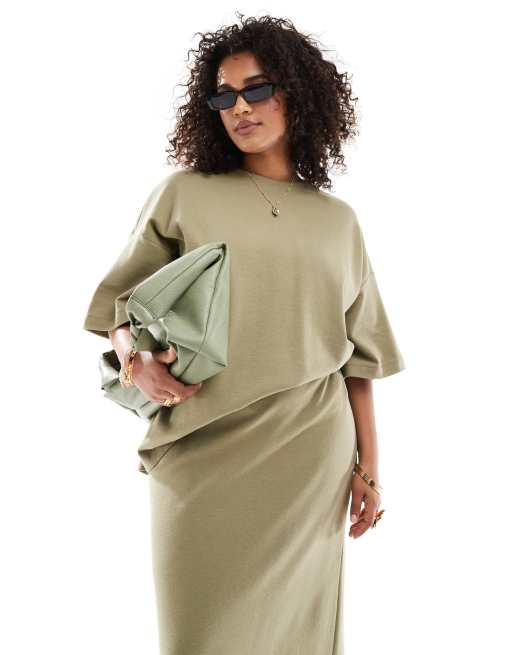 ASOS Edition Curve – Fakturowany T-shirt oversize z grubego dżerseju premium w kolorze khaki