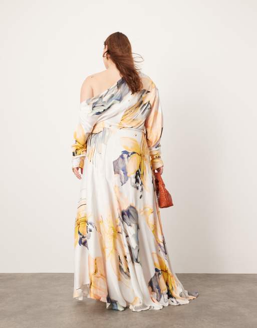 ASOS EDITION Curve fallen shoulder maxi dress in blurred floral print, 2 of 4