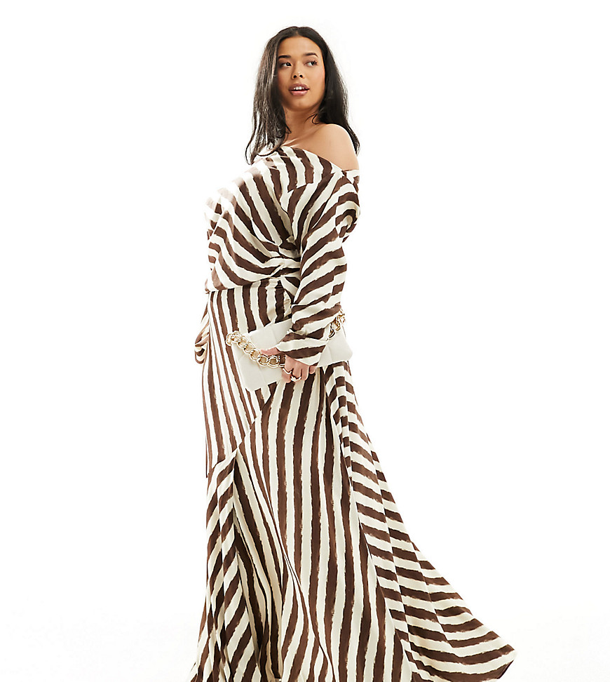 Asos Design Curve Fallen Shoulder Midi Dress In Chocolate Stripe-multi