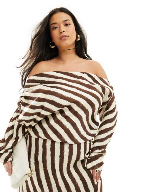 ASOS EDITION Curve fallen shoulder midi dress in chocolate stripe