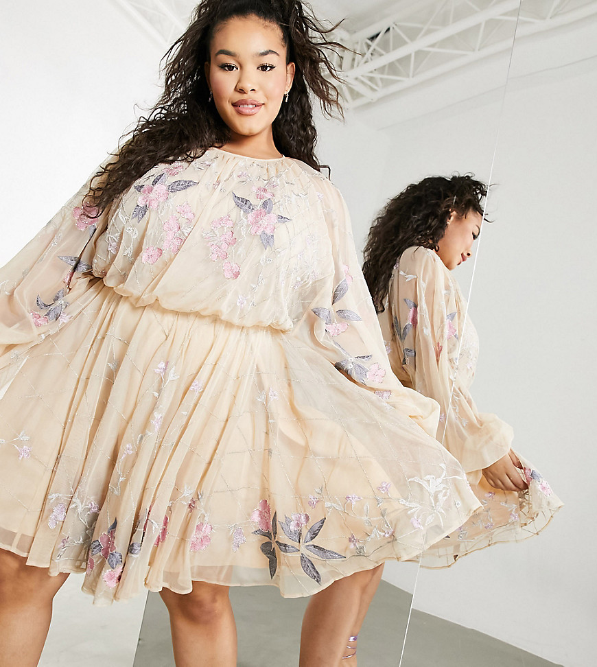ASOS EDITION Curve floral beaded mesh dress with balloon sleeve-Pink