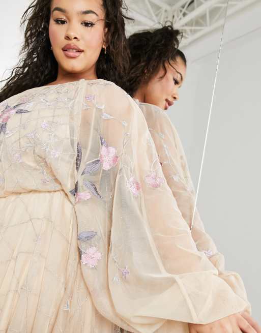 ASOS EDITION Curve floral beaded mesh dress with balloon sleeve