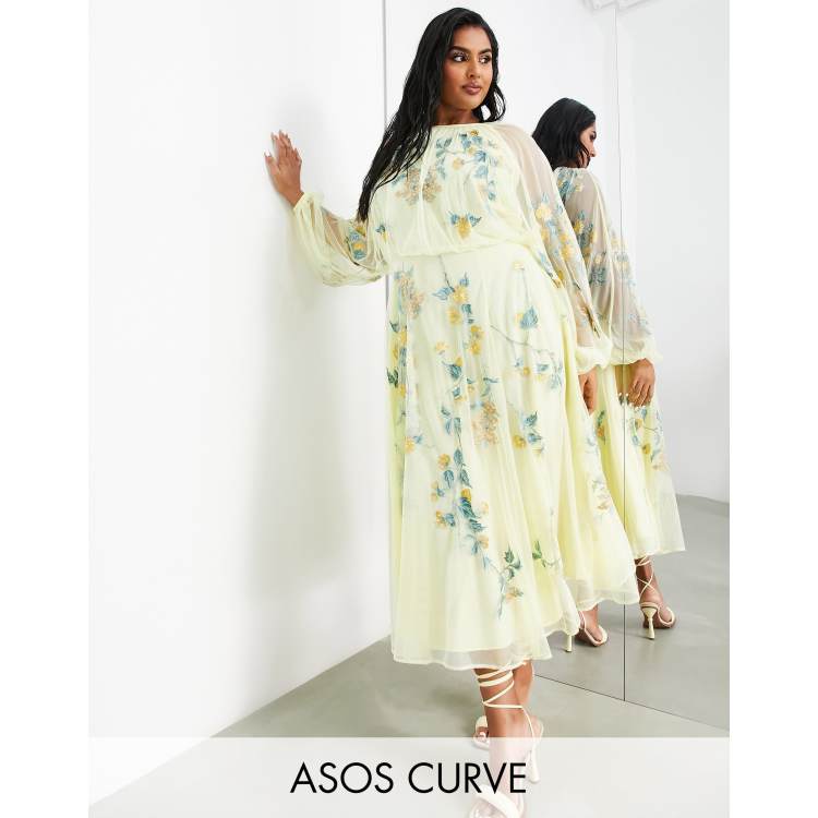 ASOS EDITION Curve floral embroidered mesh midi dress with blouson sleeve in lemon