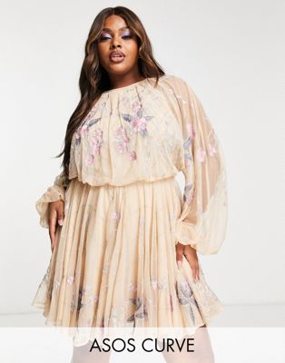 ASOS EDITION Curve floral embroidered mesh mini dress with blouson sleeve in pale pink - ASOS Price Checker