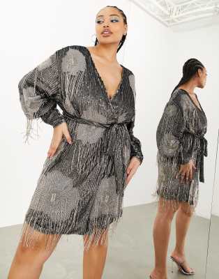 asos edition curve floral fringe sequin wrap mini dress in charcoal