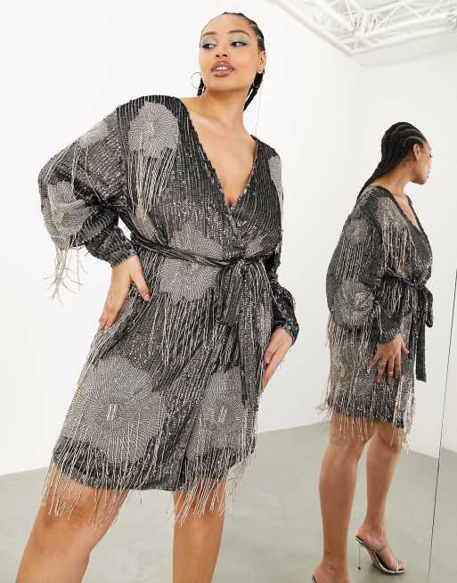 ASOS EDITION Curve floral fringe sequin wrap mini dress in charcoal