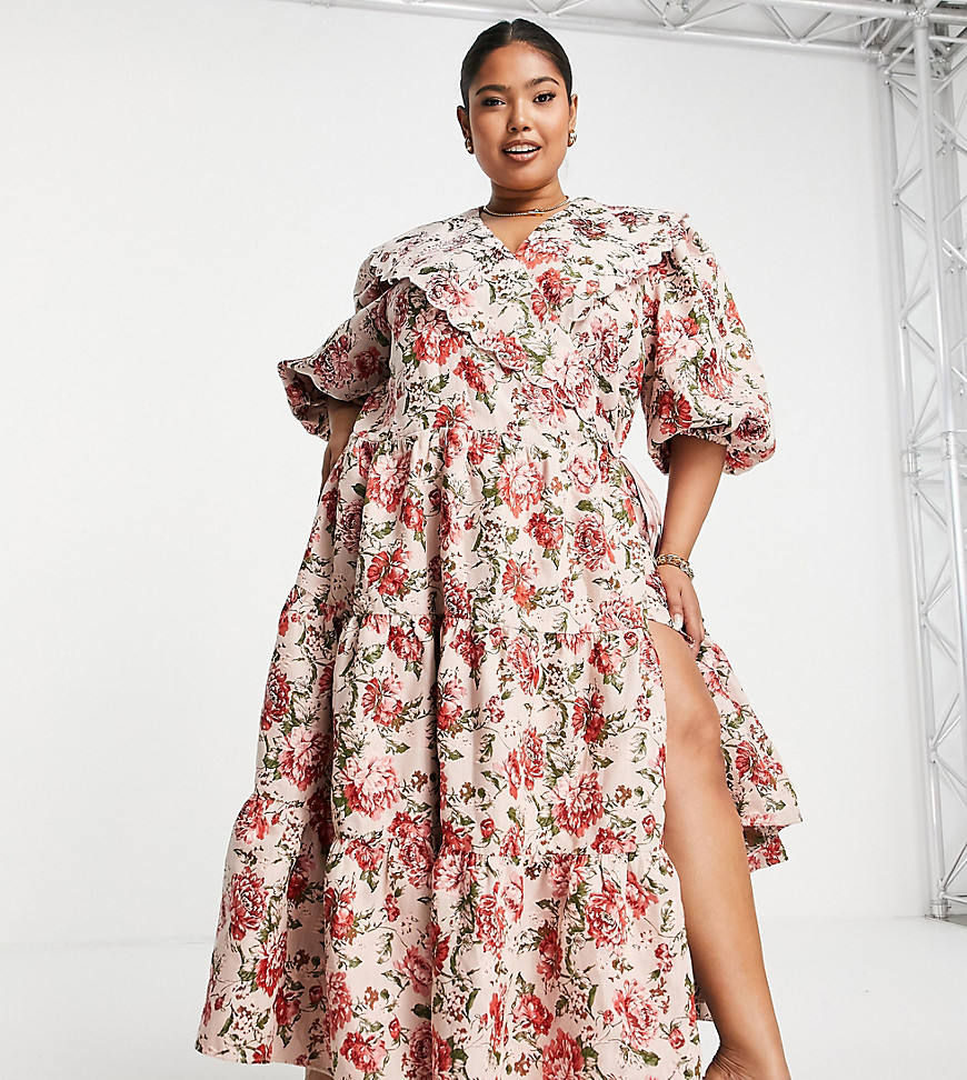 ASOS EDITION Curve floral jacquard smock dress with scallop collar in pink