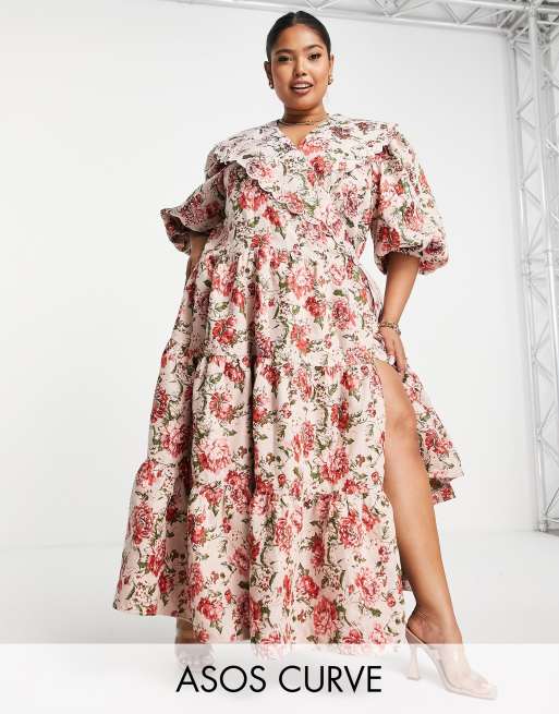 ASOS EDITION Curve floral jacquard smock dress with scallop collar in pink