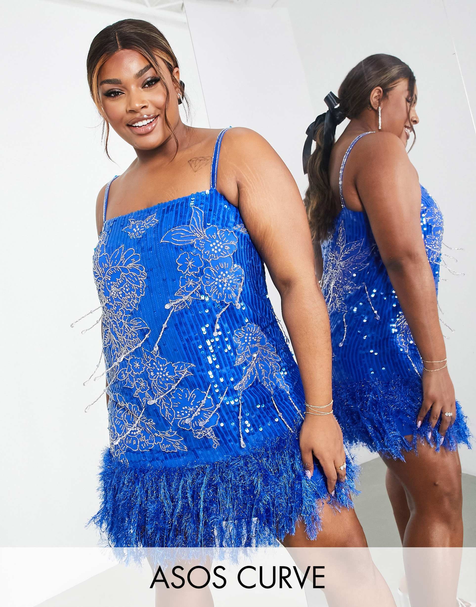 asos edition curve floral sequin and bead mini dress with faux feather hem in bright blue