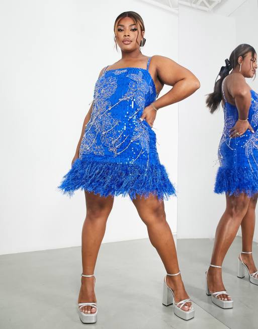 ASOS EDITION Curve floral sequin and bead mini dress with faux feather hem  in bright blue