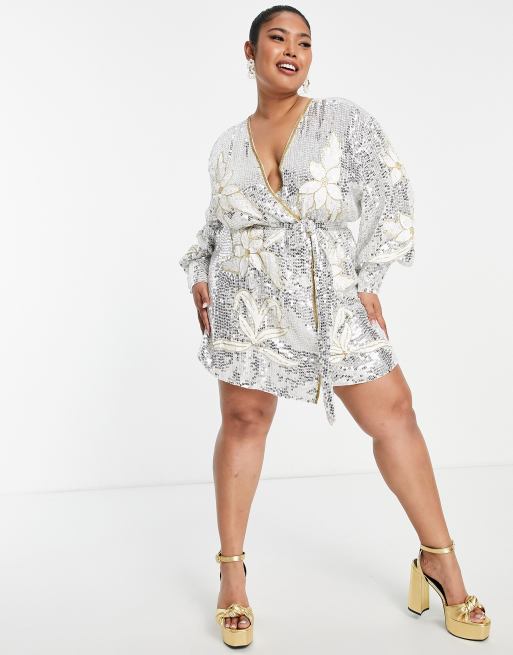 ASOS EDITION Curve floral sequin wrap mini dress in white and silver