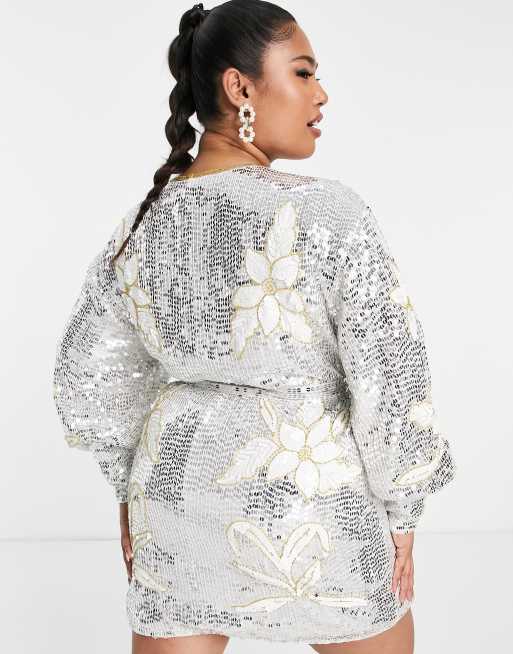 ASOS EDITION Curve floral sequin wrap mini dress in white and silver