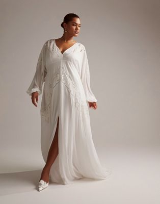 Asos Design Curve Florence Plunge Long Sleeve Wedding Dress With Cutwork In Ivory-white