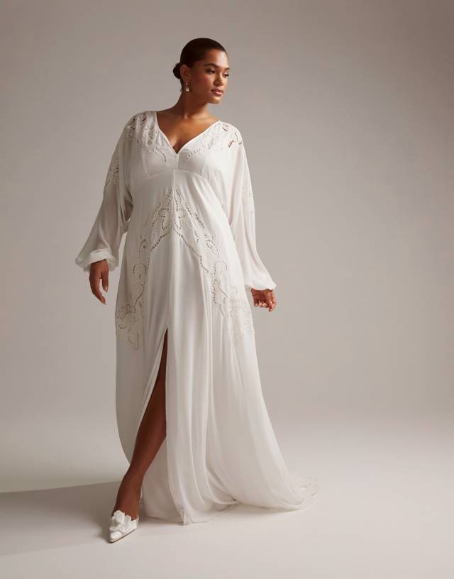 ASOS EDITION Curve Florence plunge long sleeve wedding dress with cutwork in ivory