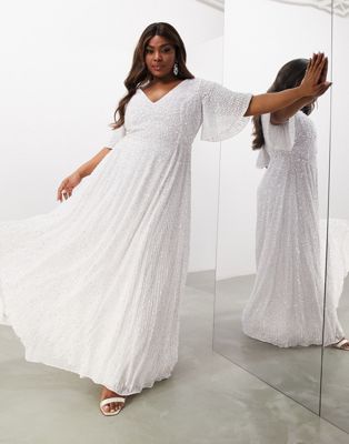 ASOS DESIGN Curve flutter sleeve sequin maxi wedding dress  - IVORY