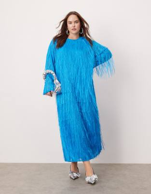 Curve fringe detail crew neck maxi dress in bright blue-Multi