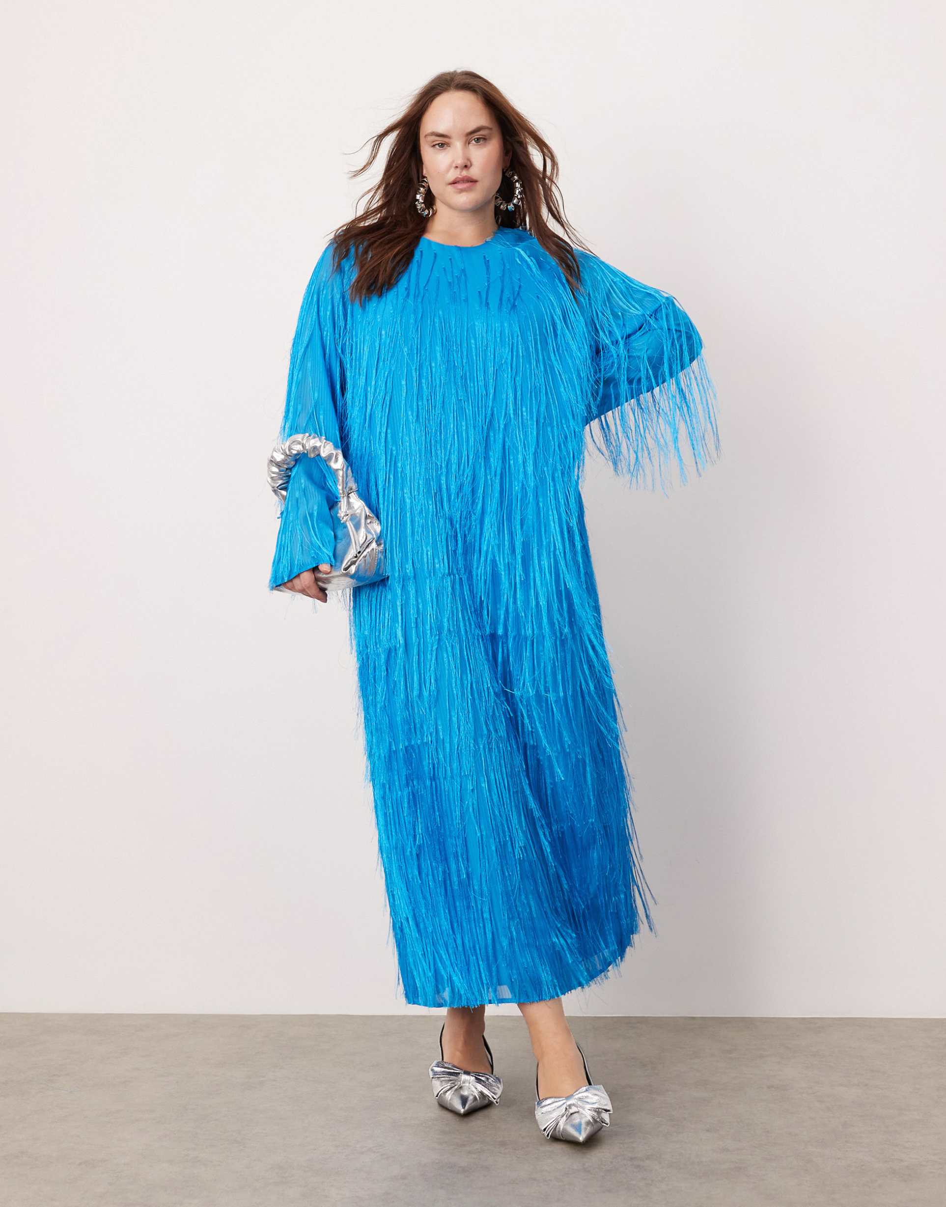 asos edition curve fringe detail crew neck maxi dress in bright blue