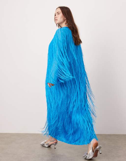 ASOS EDITION Curve fringe detail crew neck maxi dress in bright blue