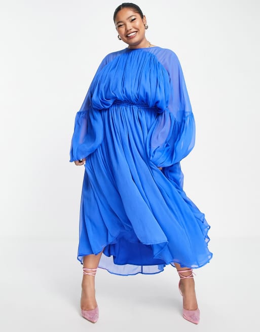 ASOS EDITION ruched gathered waist chiffon maxi dress in bright blue