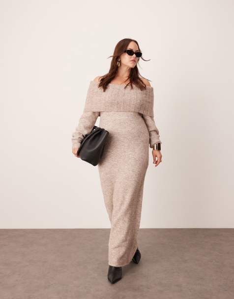 ASOS EDITION Curve - Gebreide midaxi bardotjurk in beige - view 1