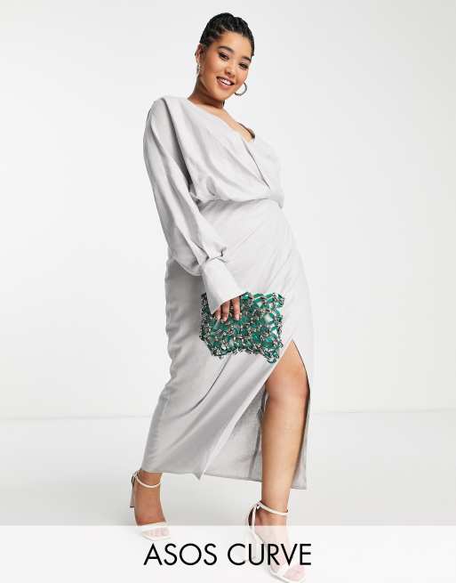 ASOS EDITION - Curve - Gedrapeerde midi jurk met lijfje en rok met overslag in grijs