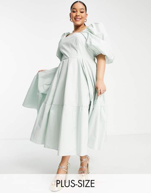 ASOS EDITION Curve - Getailleerde midi-jurk met gelaagde zoom in saliegroen