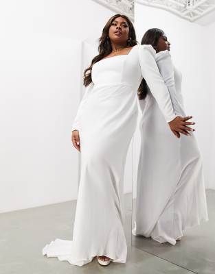 Asos Design Curve Gigi Satin Square Neck Long Sleeve Wedding Dress In Ivory-white In White