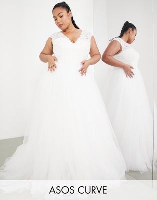 ASOS EDITION Curve Gisela floral beaded lace wedding dress with cap sleeve in ivory