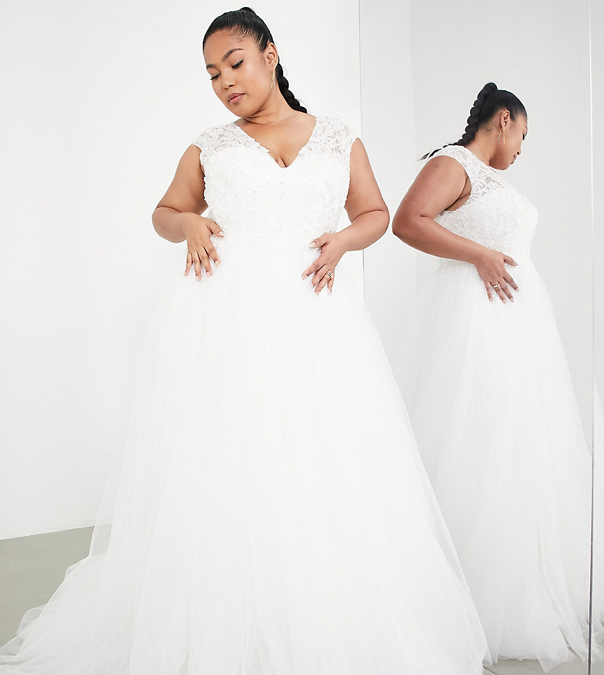 ASOS EDITION Curve Gisela floral beaded lace wedding dress with cap sleeve in ivory-White